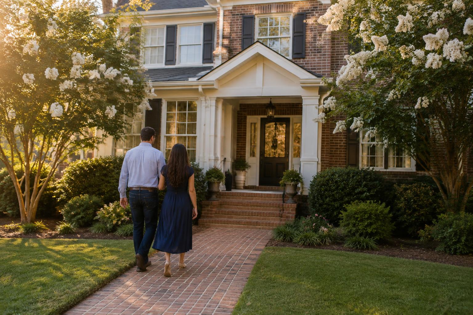 A couple approaching the front door of a brick two-story home