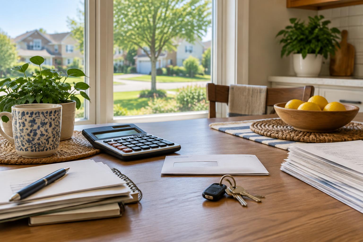 Household planning materials and keys on a sunlit kitchen table