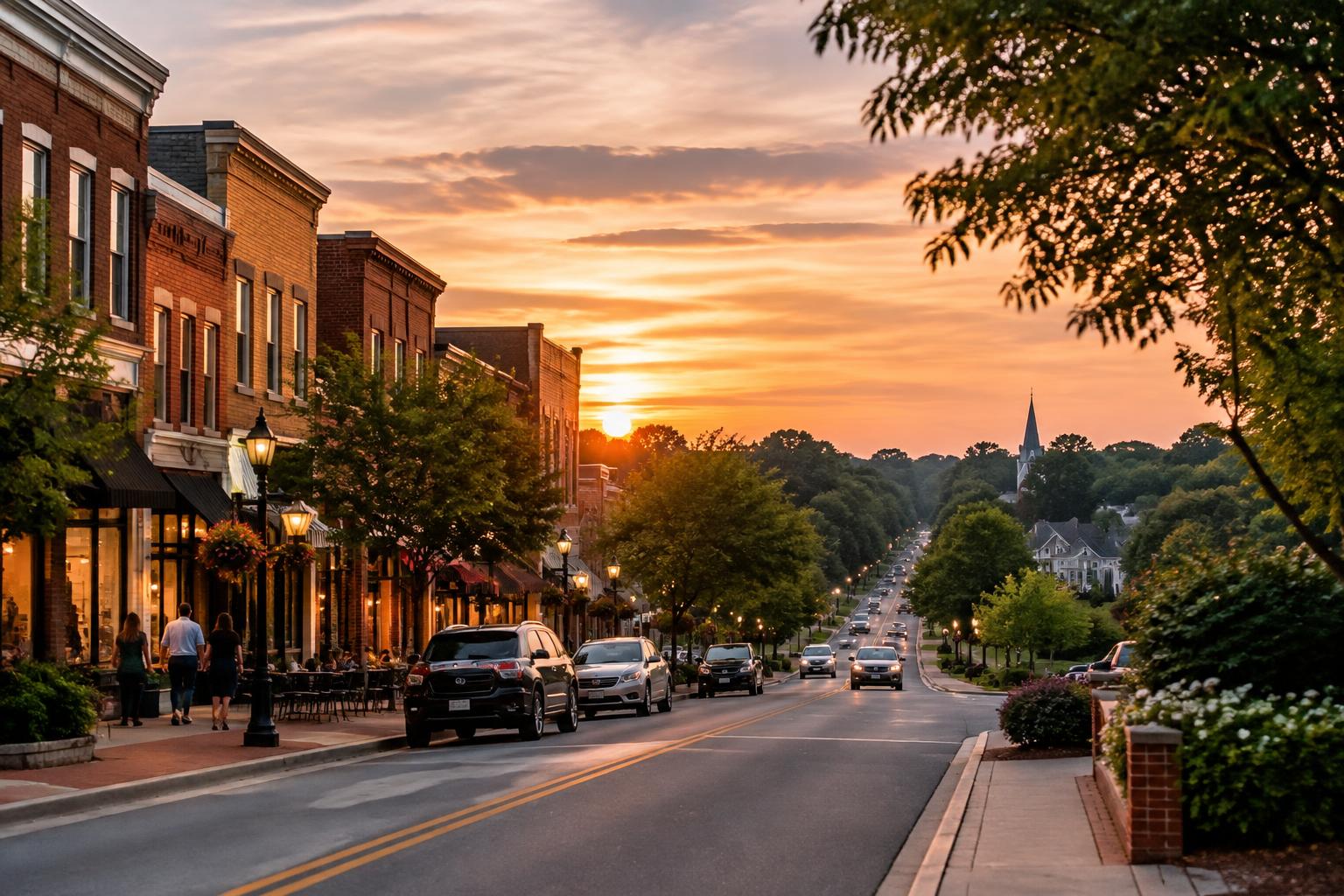 Brick town center and suburban corridor representing Matthews and Indian Trail